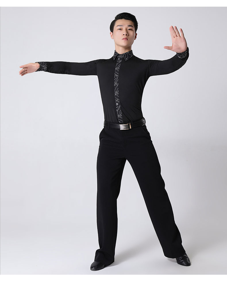 摩登舞衬衫男成年拉丁舞长袖练功服黑色国标舞上衣表演服装 男小白点