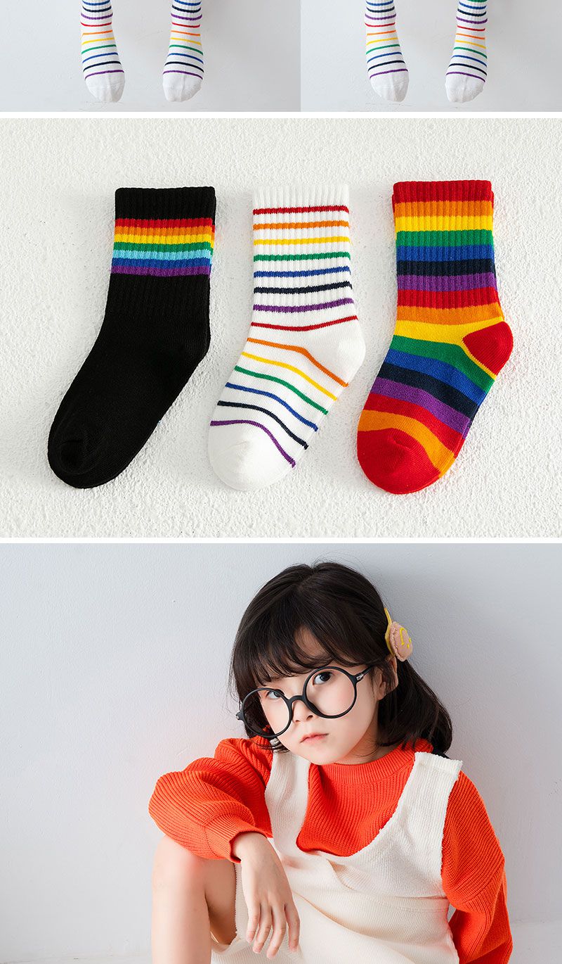 学生白袜初中生袜子薄棉袜秋冬中筒运动潮袜学生长筒粗条3双装s码13岁