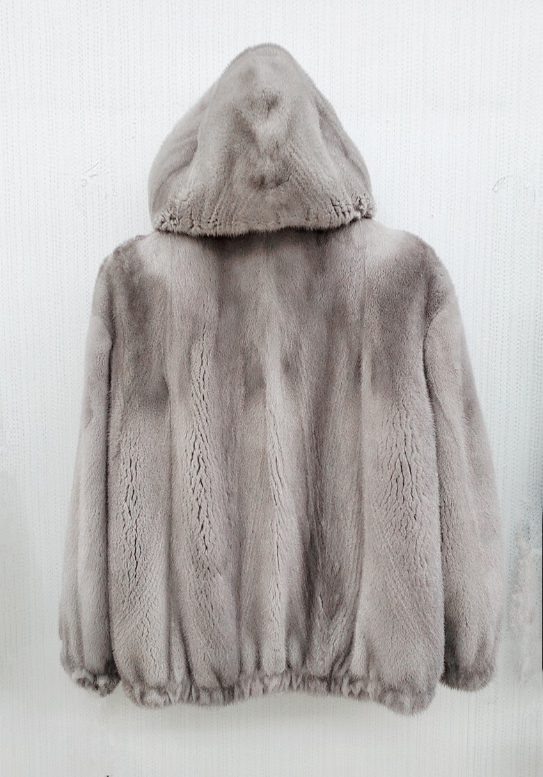 新款进口水貂皮草女落肩袖连帽款水貂大衣松紧夹克服整貂外套 珍珠色