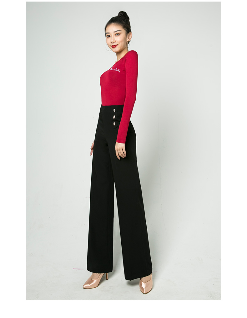 女式舞裤跳舞摩登舞裤子新款女高腰裤国标舞练功阔腿长裤红色27腰围2