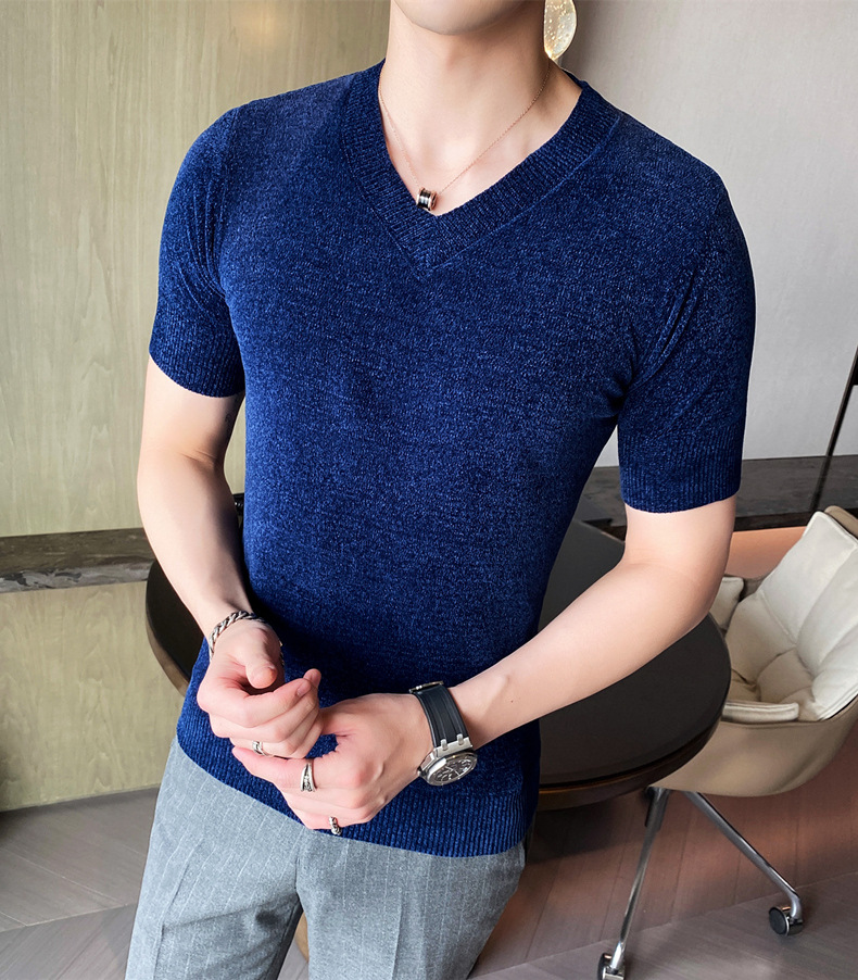 短尾狐 短袖毛衣男冬天穿男士毛线半袖丝绒雪尼尔针织衫领套头潮流