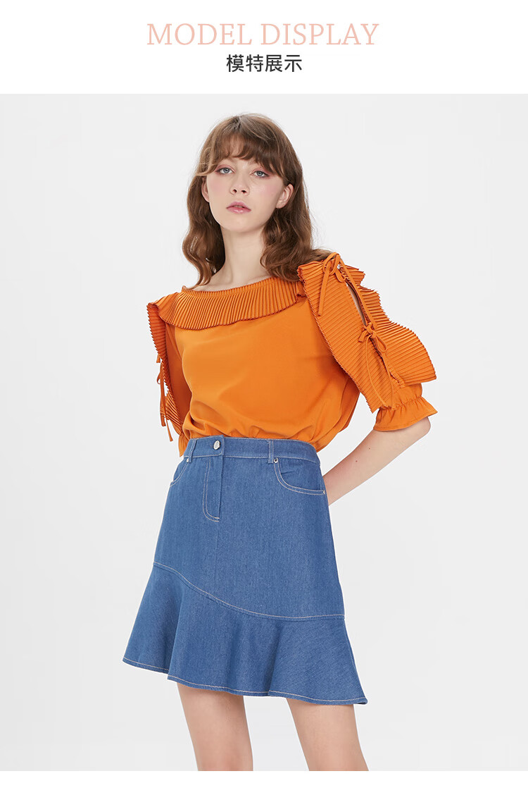 breadnbutter雪纺衫夏季新款女纯色百褶系带中袖雪纺衫宽松上衣琥珀色