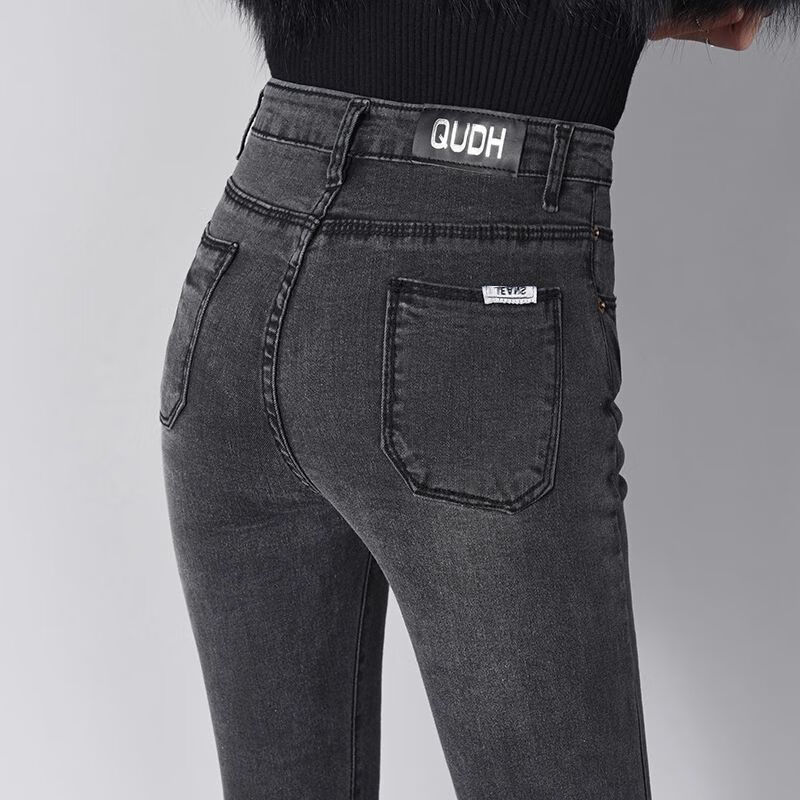 牛仔裤女夏薄款破洞阔腿春春款烟灰色高腰长裤九分裤高弹力显高显瘦