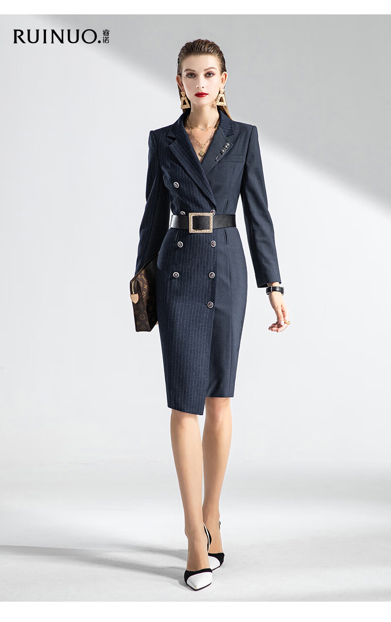 睿诺新款正装连衣裙秋拼接条纹高端职业套裙收腰ol时尚气质西装裙