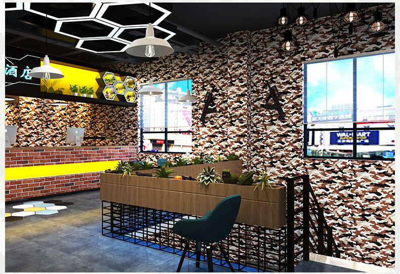 迷彩军旅军事主题餐厅饭店仿马赛克店面装修背景墙服装店墙纸 温馨