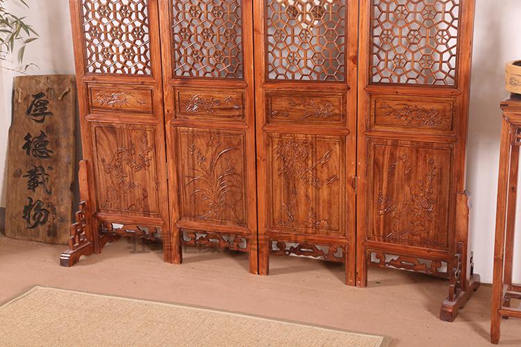 香樟木屏风中式实木屏风香樟木酒店客厅仿古木雕雕花移动进门折屏隔断