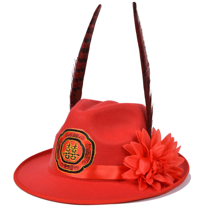 红双喜男士礼帽结婚帽子新郎帽少爷帽影视婚庆中式婚礼古装喜庆 紫红