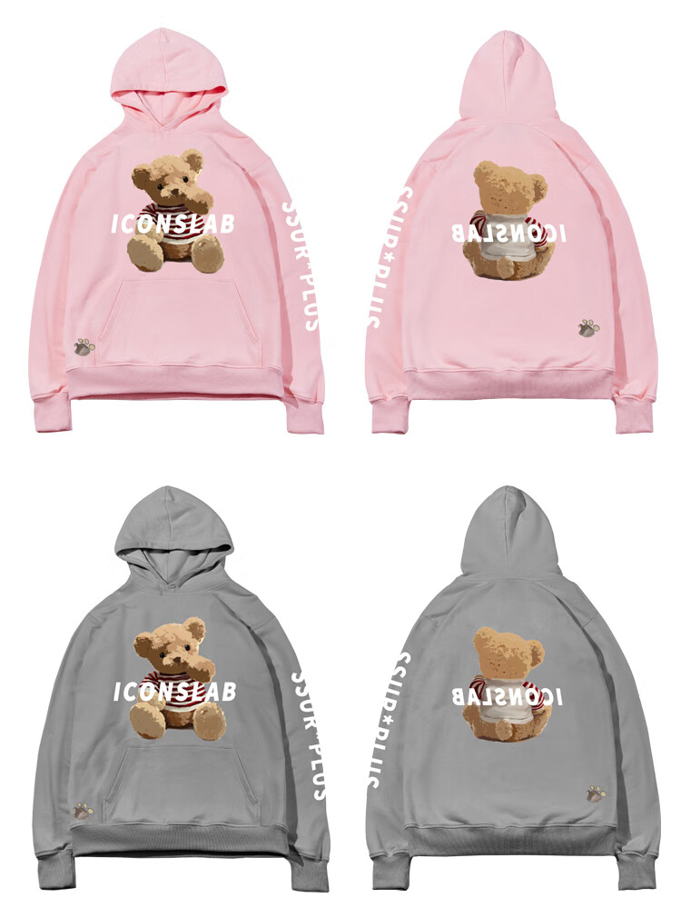 iconslab小熊卫衣卡通印花连帽套头春秋男女潮牌外套黄色m