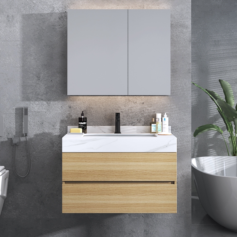 2022新款斜角浴室柜定制浴室柜镜柜智能现代简约原木色卫浴洗漱台洗脸