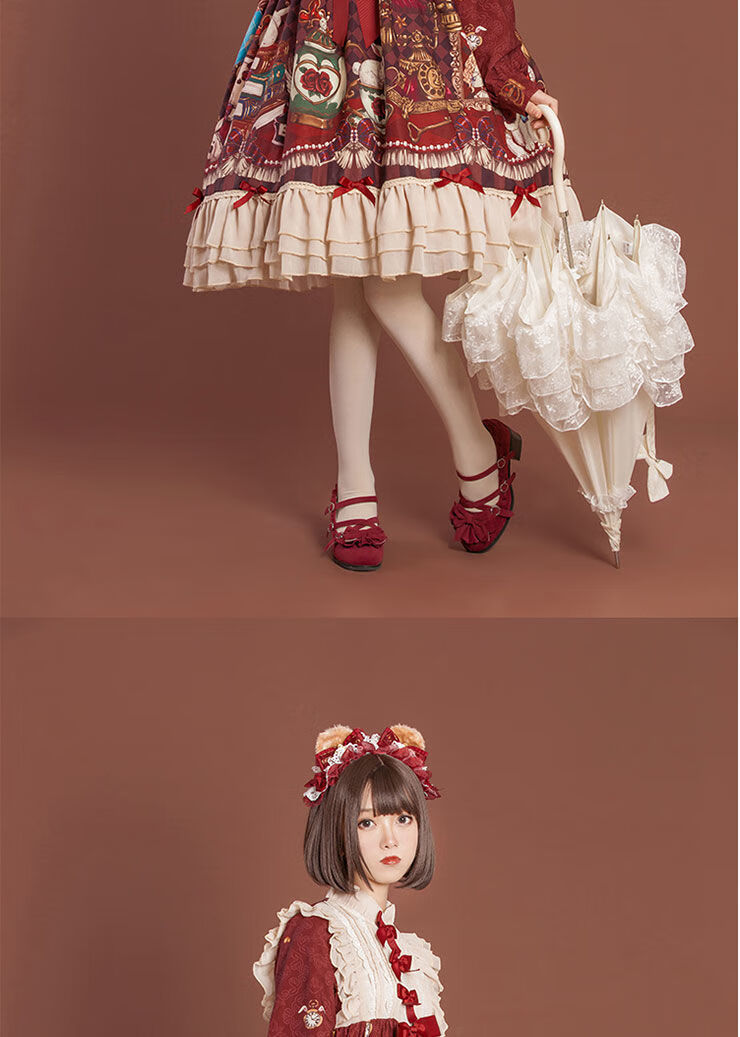 洛丽塔裙子日系ita洋装裙~皇冠熊op长袖连衣裙 酒红色 s