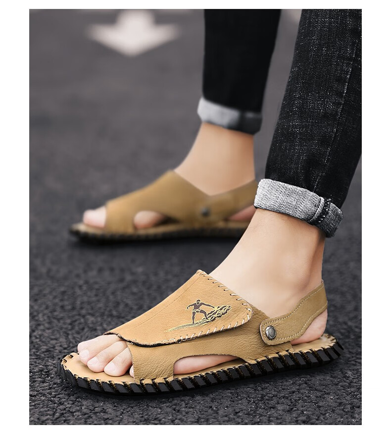 jiesuo凉鞋男夏季皮面轻便防滑软底沙滩鞋夏天男士潮流两用凉拖鞋黑色