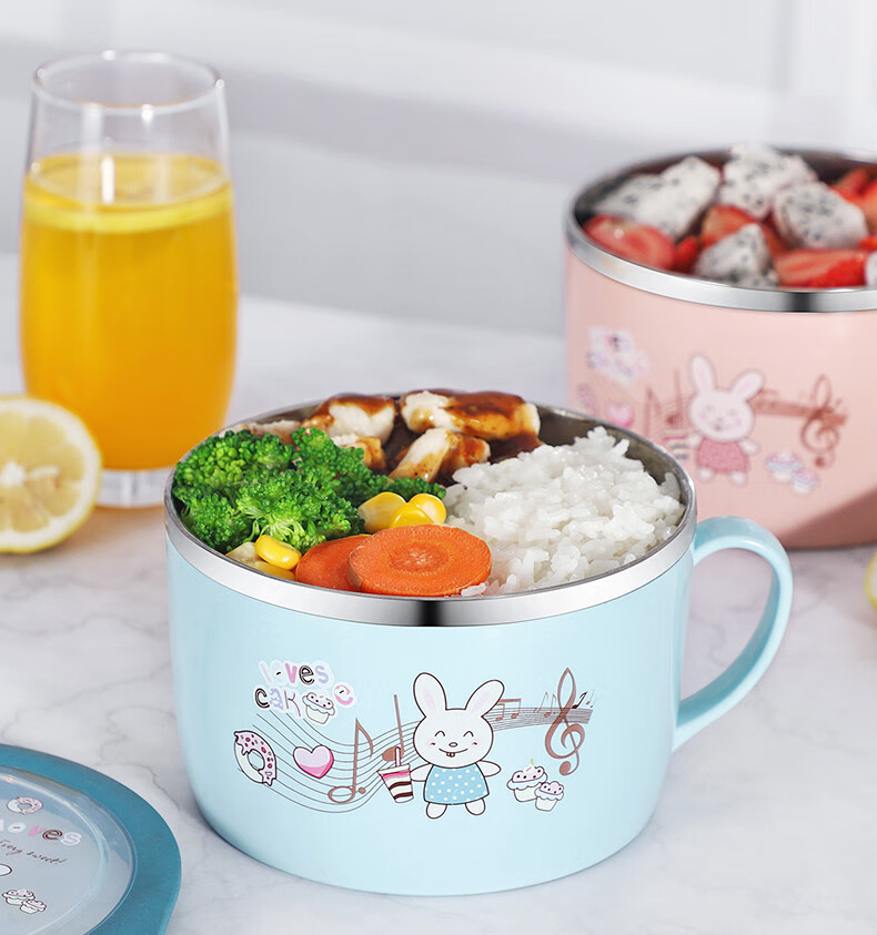 学生食堂打饭饭碗韩式304不锈钢儿童饭碗卡通泡面碗小学生防烫带手柄
