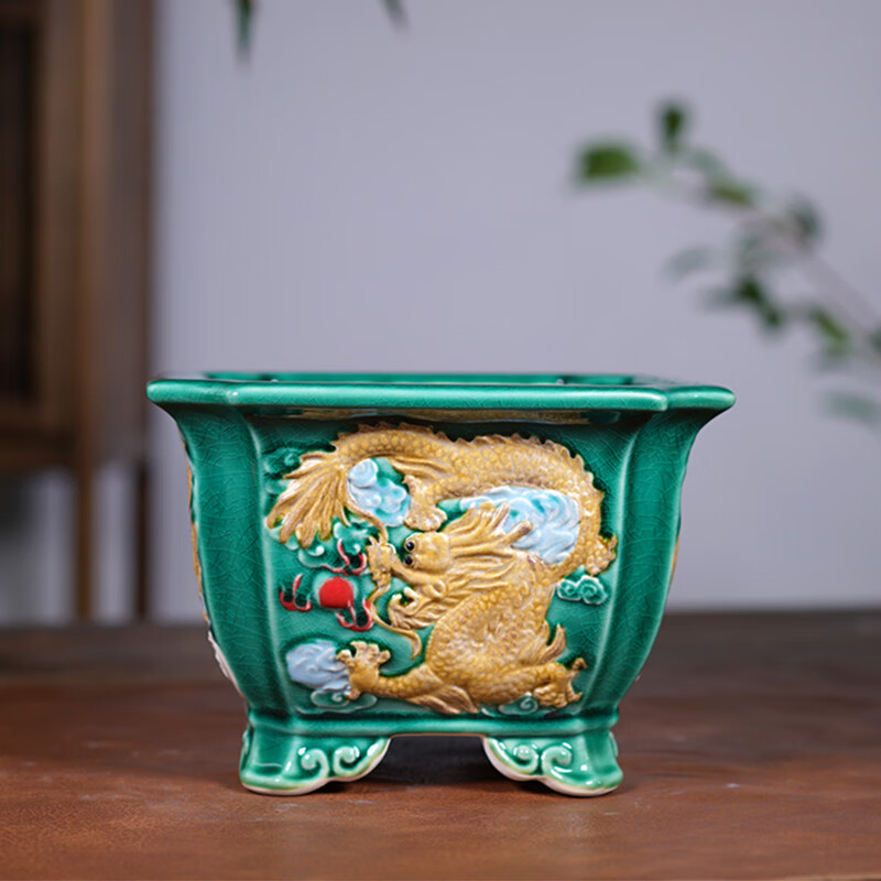 陶瓷石湾盆紫砂花盆陶瓷长方形盆景盆彩绘龙盆多肉盆栽新中式石湾盆冉