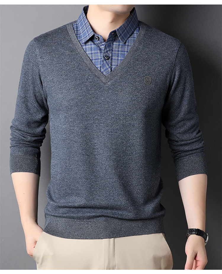 虎都男装2022秋季新款假两件上衣中青年男士翻领长袖t恤时尚打底衫