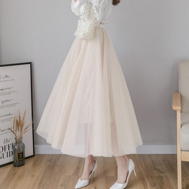 春秋网纱半身裙秋网纱半身裙女白色百褶裙高腰大码仙女长裙白色2xl裙