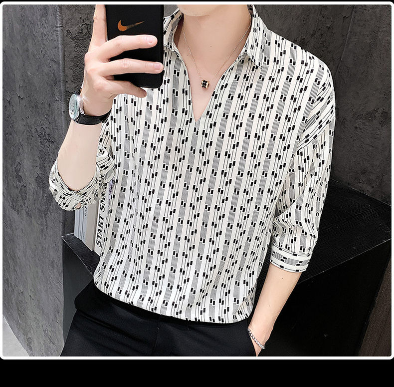 夏季网红很仙的格子男士短袖t恤v领雪纺中袖男韩版潮色m