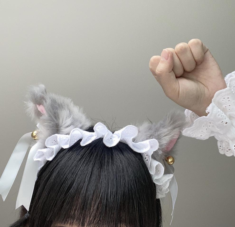ajdsscl猫耳狐耳朵铃铛发夹发箍边夹毛绒绒头饰白粉一对