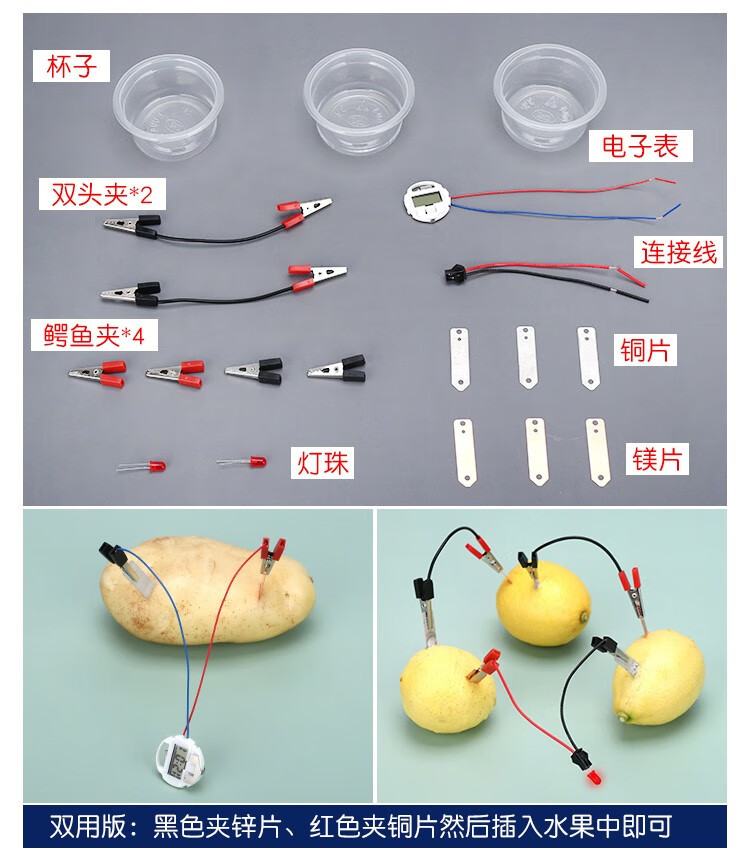 小郎人 diy可乐土豆柠檬水果电池发电时钟科学小实验材料器材幼儿园