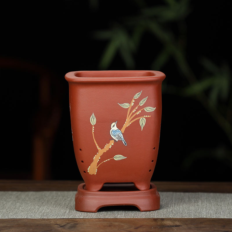 紫砂兰花盆多肉绿植盆手工精制花卉盆精品彩绘刻绘 平口大红袍 中等