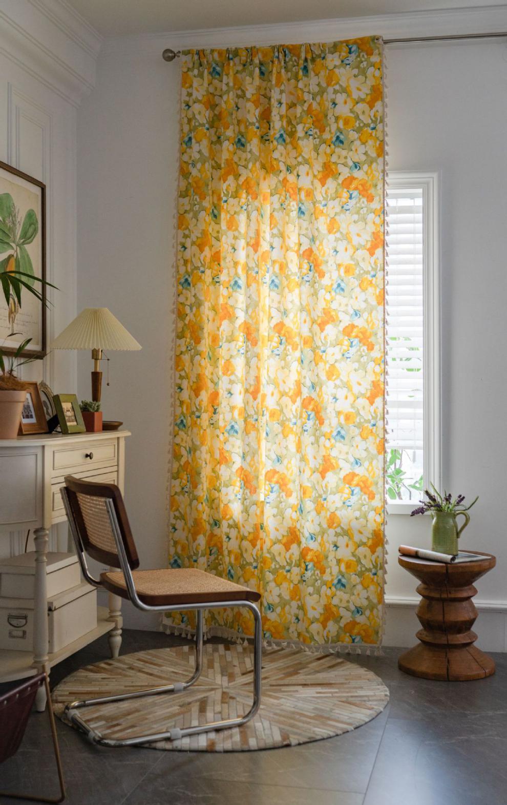 美式乡村窗帘客厅落地阳台飘窗帘小清新黄色花朵半遮光成品窗帘布挂钩