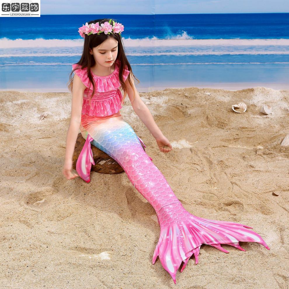 小女孩游泳穿的女童美人鱼尾巴衣服中大童游泳套装夏儿童泳衣分体人鱼