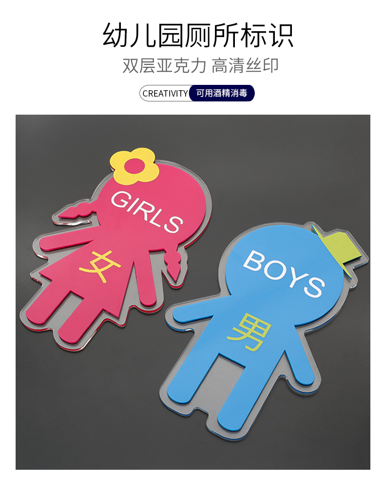 个性幼儿园卡通洗手间男女厕所粘贴式标识牌少儿培训机构提示标志蓝