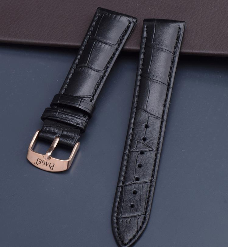 伯爵手表带男女真皮表带鳄鱼纹针扣皮表链黑带银扣20mm