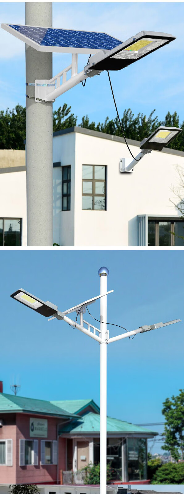 太阳能路灯带杆户外灯新农村家用一拖二双灯头工程高亮全套庭院灯400w