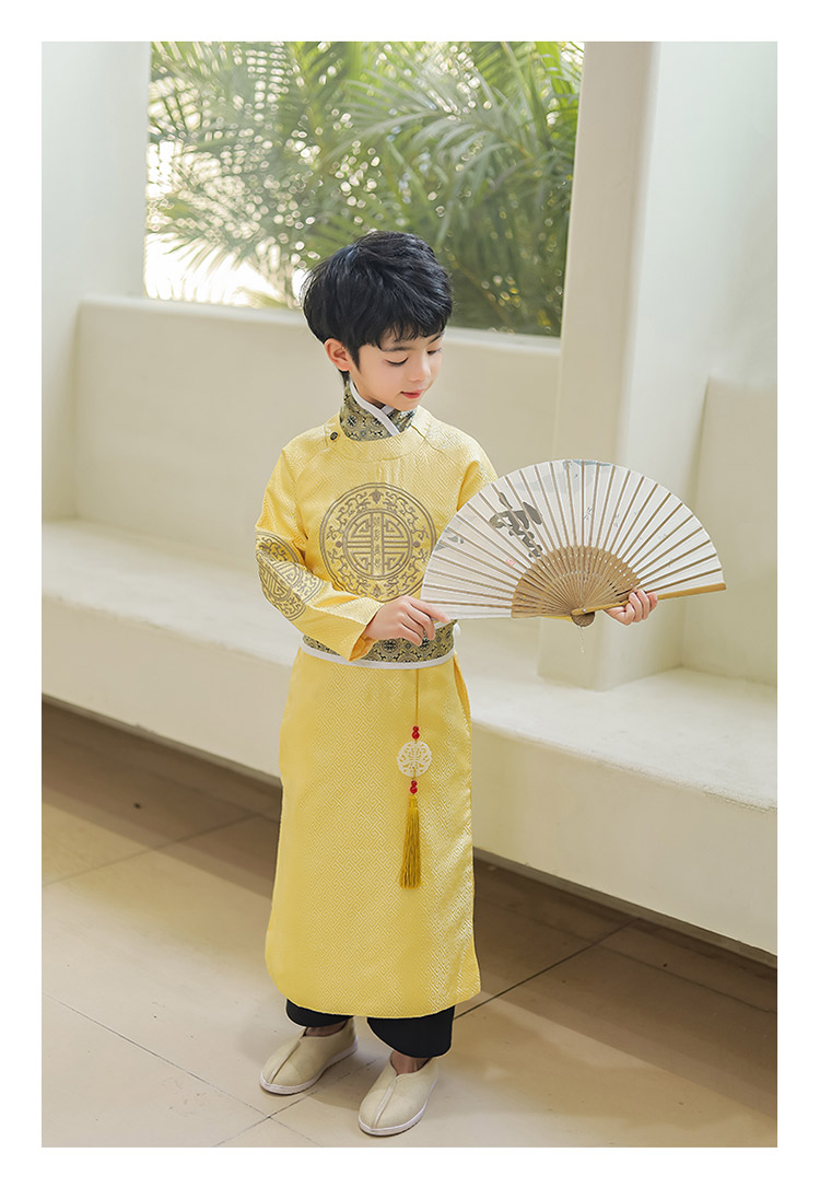 儿童古装春季男童汉服唐朝少爷装明朝清朝公子小男孩民族演出服装黄色