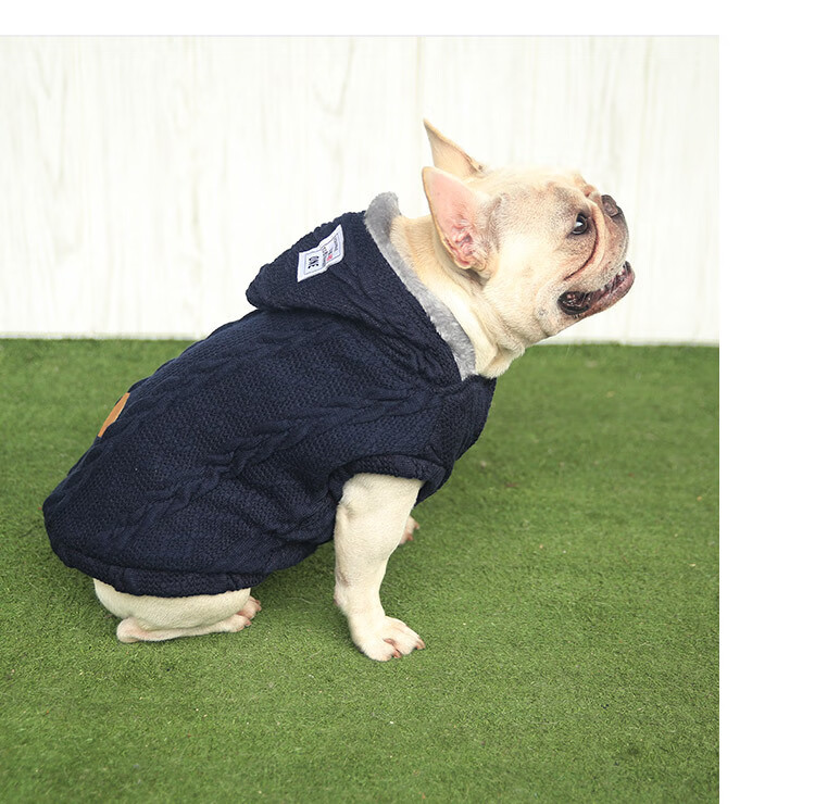 小型犬 狗狗衣服2020年新款秋冬 毛线加绒宠物服装藏青酒红色连帽麻花