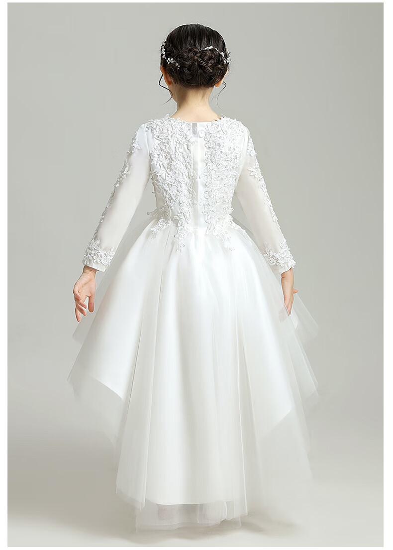 乖奇奇女童公主裙蓬蓬纱小女孩花童婚纱儿童晚礼服白色长袖纱裙洋气