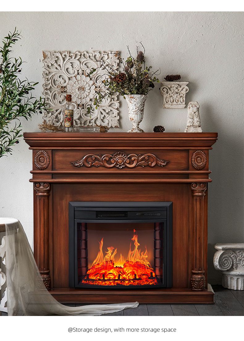 电子美式轻奢实木壁炉简约壁炉装饰柜仿火焰取暖器家用12米罗马柱板栗