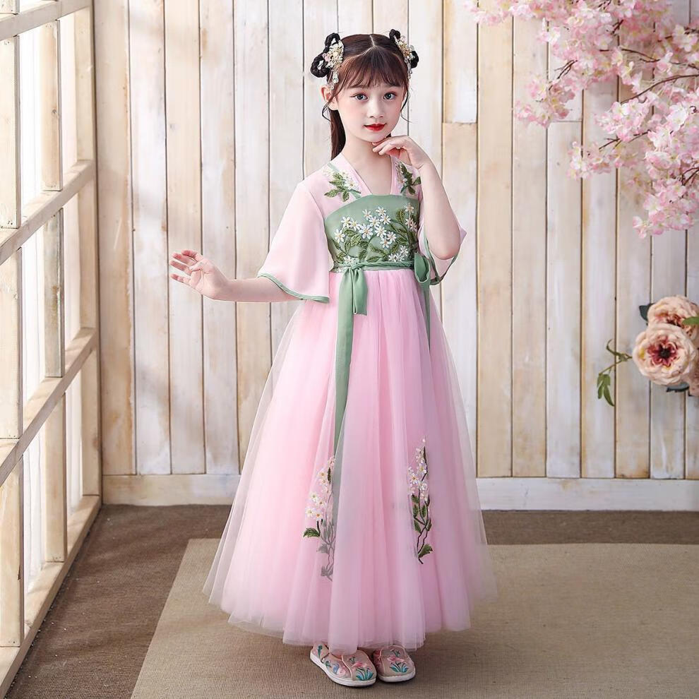 阪铭韩服女装汉服国风短袖古装超仙公主裙唐装小女孩春夏款套装天蓝色