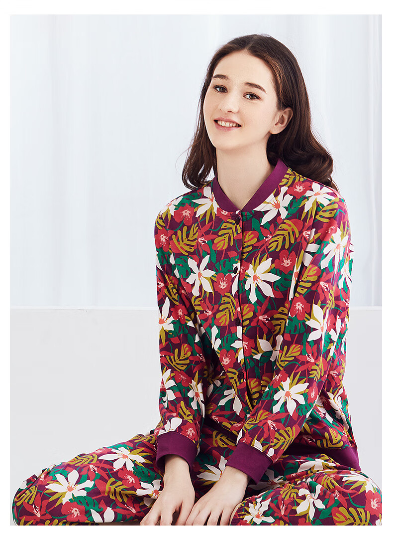 铜牛家居2020秋冬新款精梳棉毛开襟印花女衫睡衣家居上装vs129时尚格