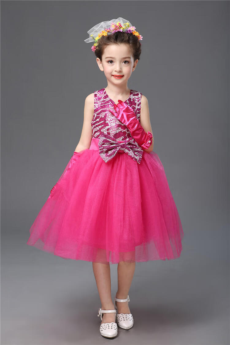 幼儿舞蹈裙女童公主裙蓬蓬纱裙儿童主持人礼服亮片表演服合唱服装白色