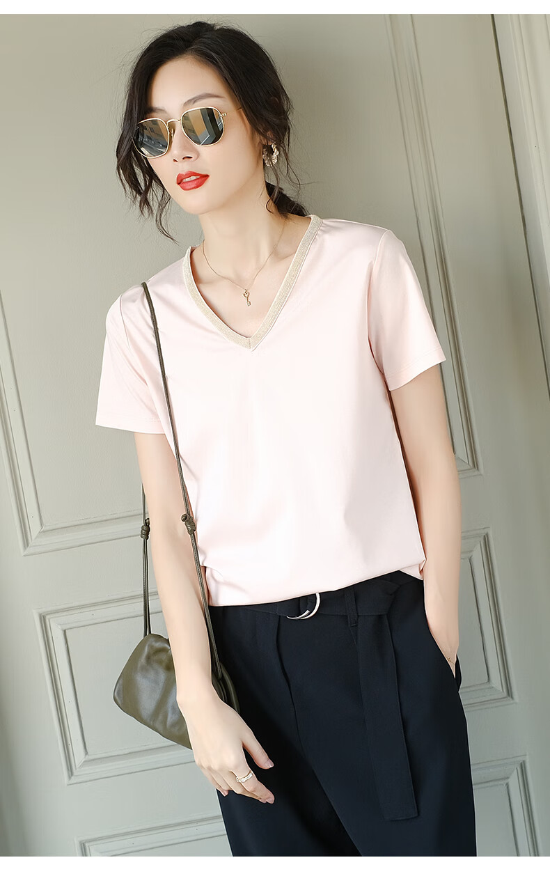 yuyi/品牌 短袖v领白色t恤女2020夏季新款薄鸡心领上衣洋气小衫纯色