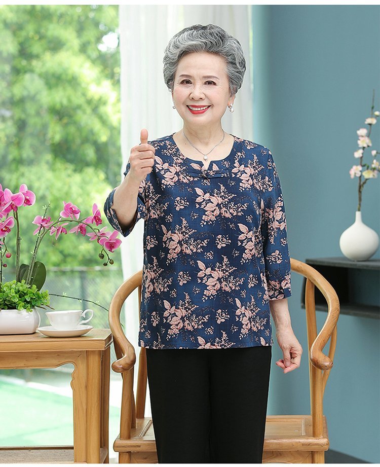 老奶奶夏装棉麻中袖老人家衣服女夏天中老年女装套装6070岁80妈妈t恤