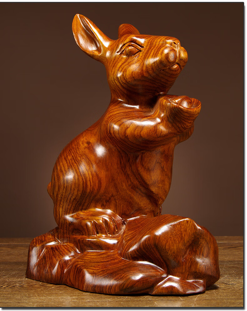 思古黄花梨木雕兔子摆件招财风水生肖兔实木雕刻工艺品客厅玄关装饰