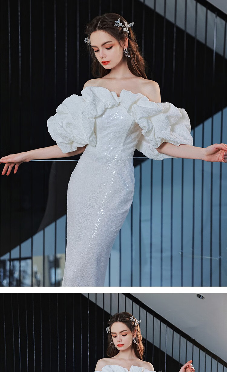 生日礼服女款模特走秀礼服白色云朵一字肩闪片生日派对舞台演出主持人