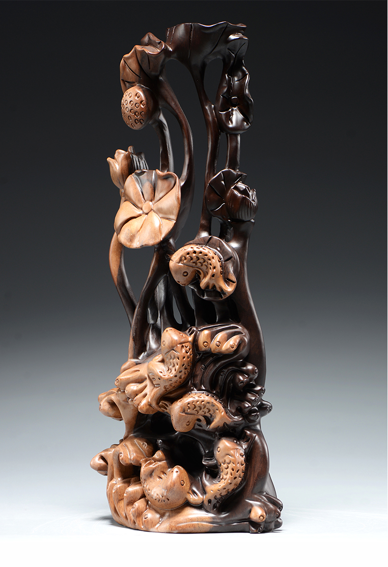 杞记木雕刻年年有鱼根雕荷花摆件家居根雕装饰工艺品新婚乔迁送礼精雕