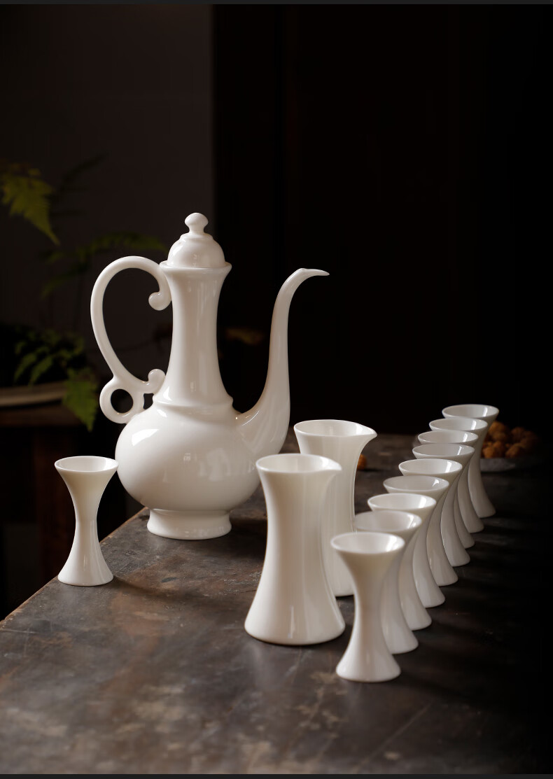 棠纪tonekey鎏银白酒杯具羊脂玉陶瓷分酒器酒具套装温酒器999纯银仿古