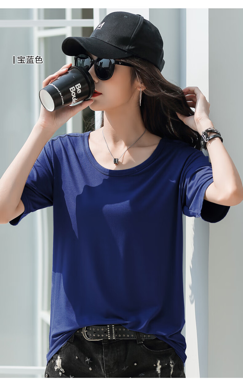 ouhen品牌女装莫代尔短袖t恤女2021春新款宽松大码灰色简约柔软亲肤