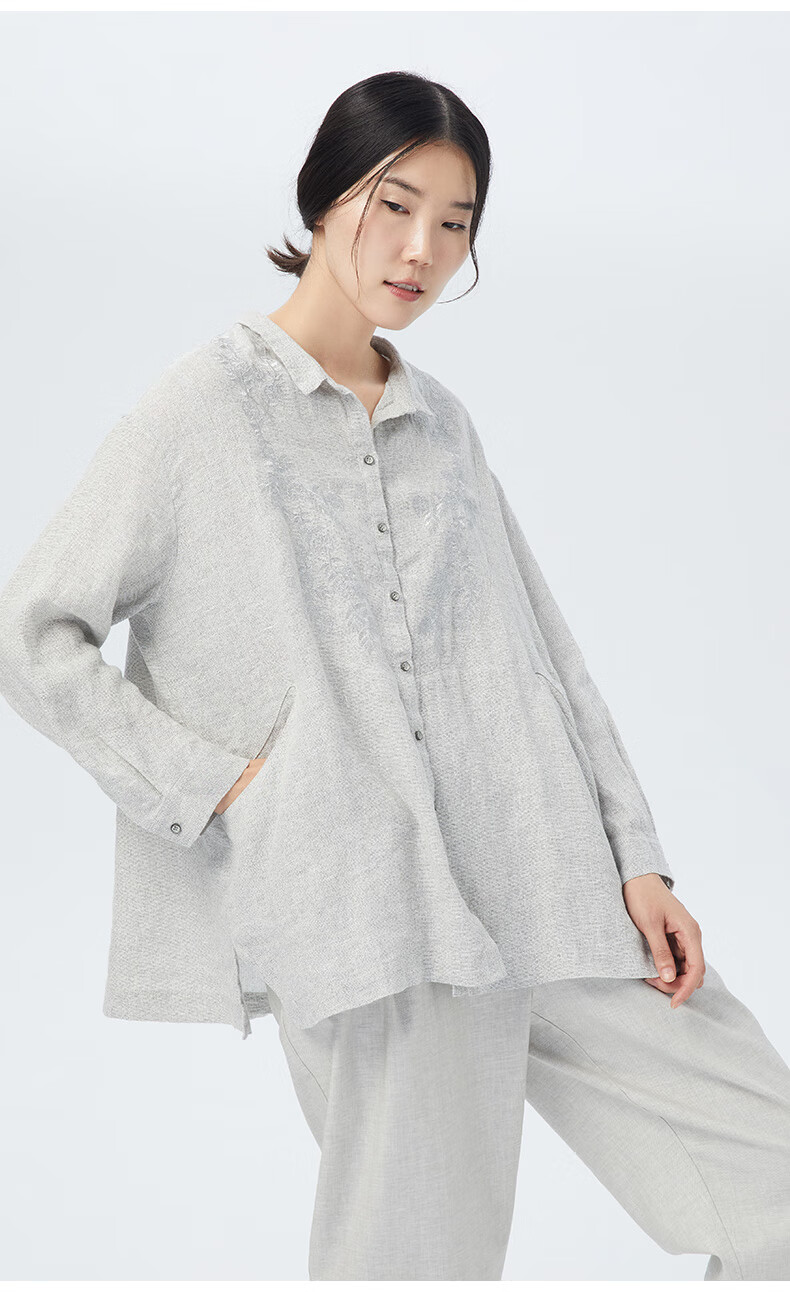 斯琴秋冬女亚麻混纺灰白色绣花宽松中长款衬衫上衣bjqs009灰白m
