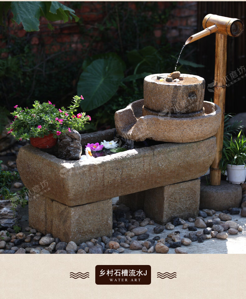 仿古老石槽流水摆件鱼缸阳台鱼池造景室内石磨水景民宿花园装饰品原竹