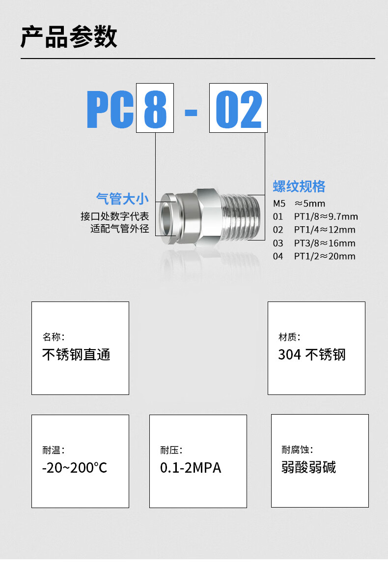 定制304不锈钢气动快插接头螺纹直通气泵pc气管快速接头耐高温空压机