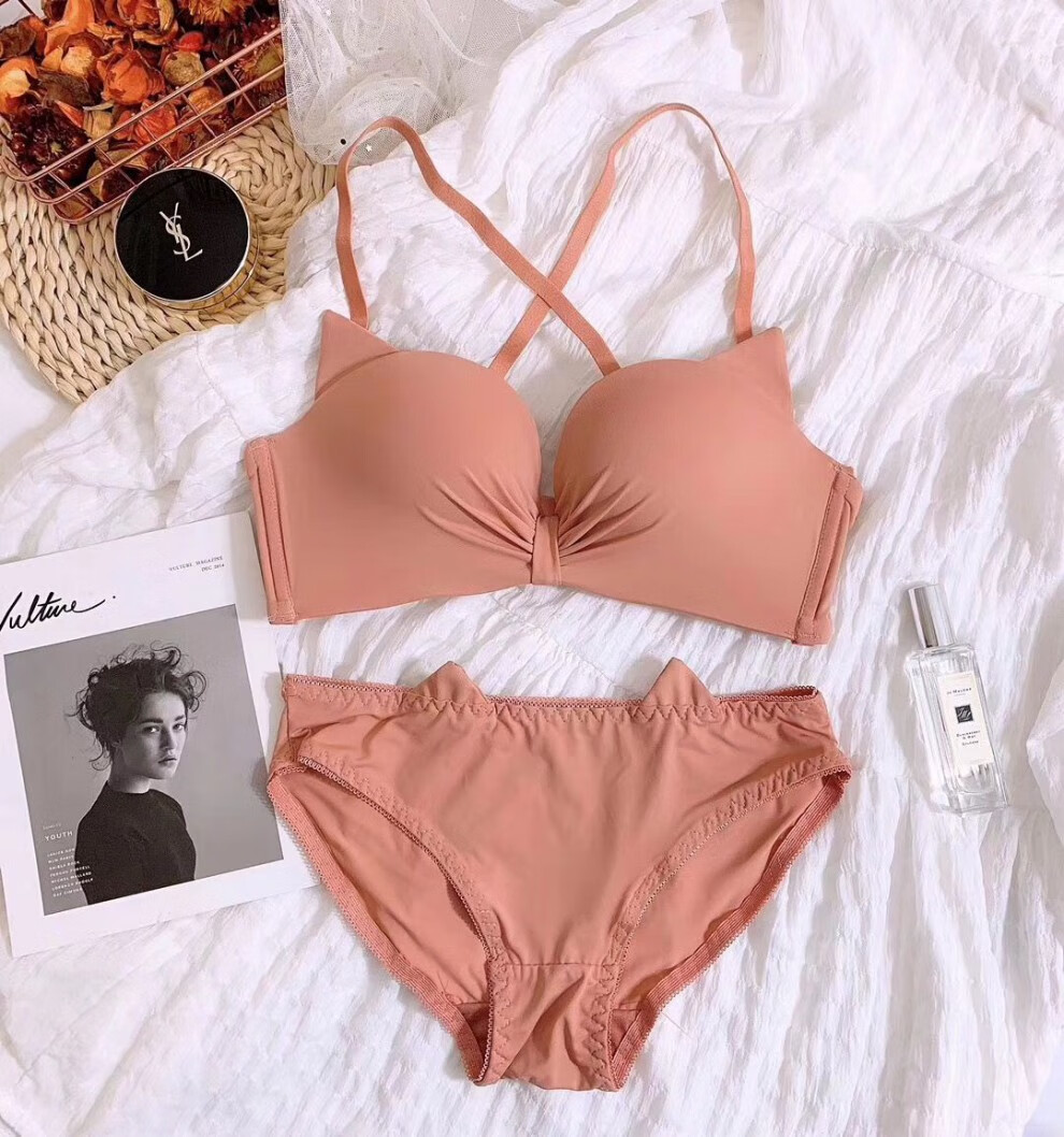 美背收副乳聚拢无钢圈文胸内裤九尾狐甜美性感内衣套装学生夏 粉色