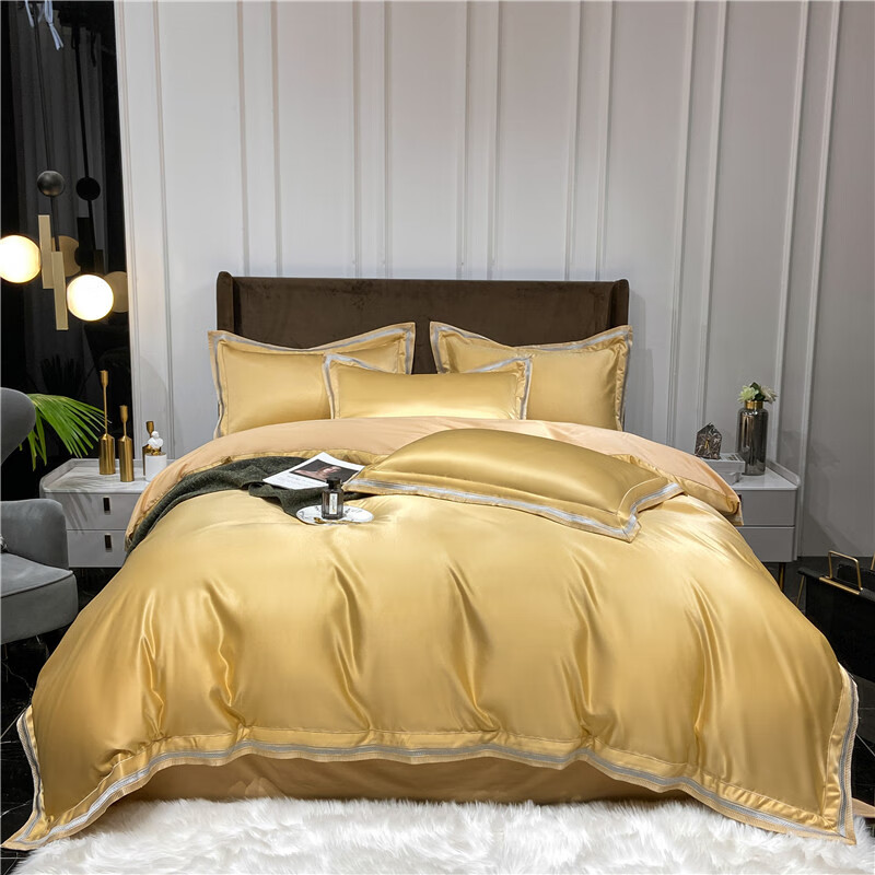 雅芳婷家纺轻奢100支纯棉四件套丝刺绣全棉被套欧式酒店风纯色床上