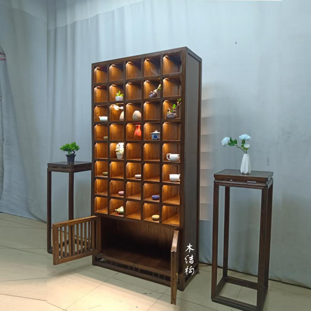 索讯科茶架柜实木紫砂壶展示架茶具茶杯格子收纳架榆