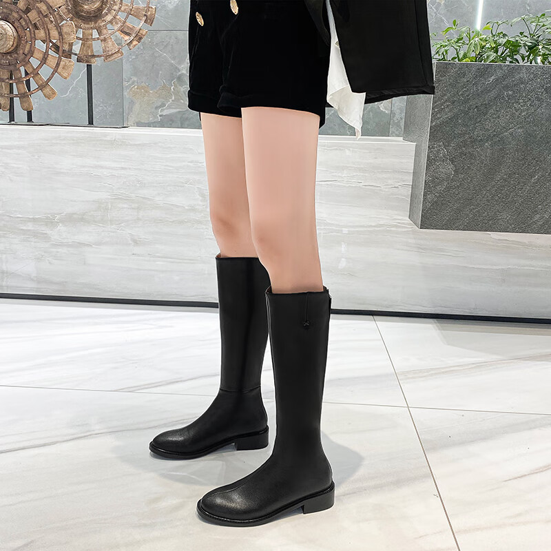 易晨欧美风 时尚新款圆头侧拉链长筒平底纯色骑士靴长靴 黑色 37