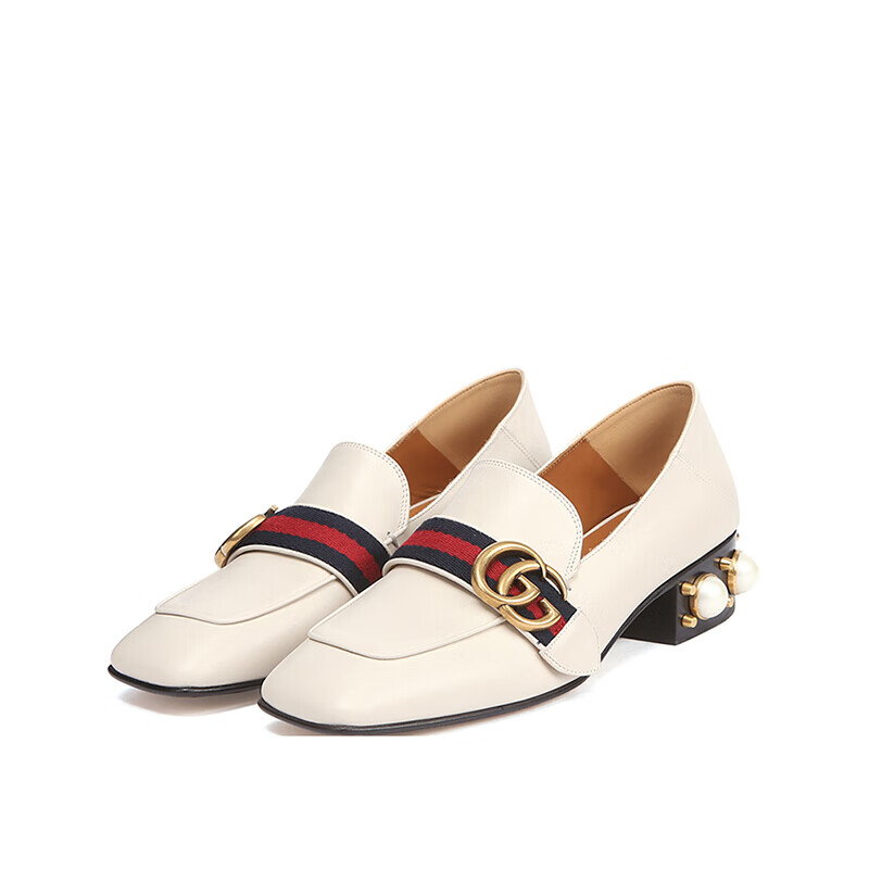 gucci 古驰 gucci女鞋 女士牛皮双g镶珠高跟鞋皮鞋 象牙白 423559 dk